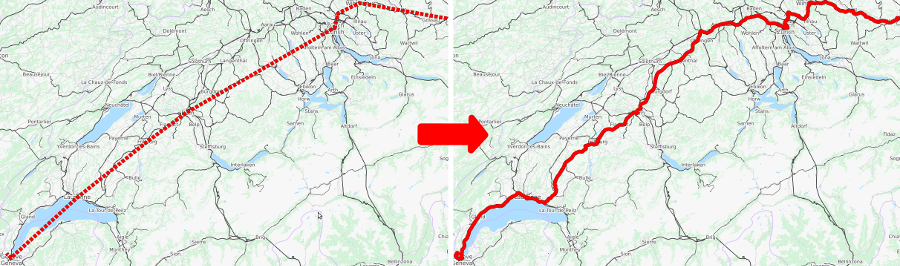 Left: station-to-station path of a single train through Switzerland, as contained in official timetable data. Right: path of the same train map-matched by pfaedle.