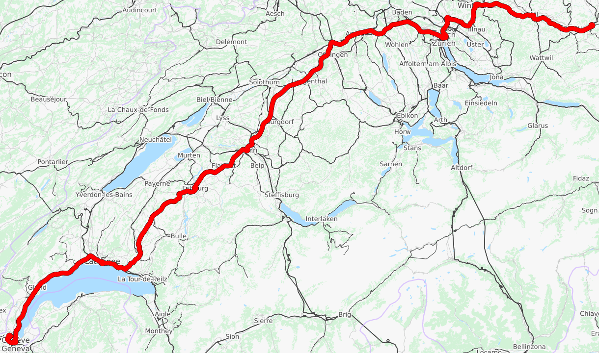 Map-Matched path of a single train through Switzerland