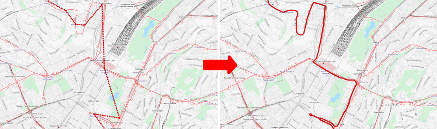 Left: station-to-station path of a single bus through Stuttgart, as contained in official timetable data. Right: path of the same bus map-matched by pfaedle.